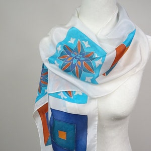 Hand Painted Oriental Silk Scarf, in Blue, Rust Orange, Ocean Green and White
