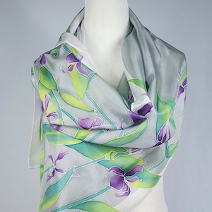 Hand Painted Purple Irises Silk Scarf