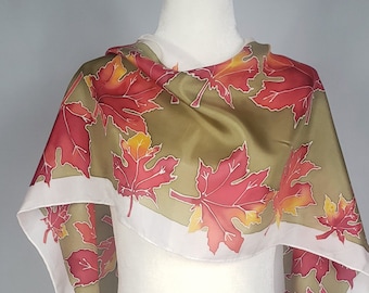 Red, Yellow and Gold Maple Leaves Hand Painted Silk Scarf