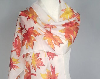 Red, Yellow and Gold Maple Leaves Hand Painted Silk Scarf