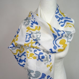 Hand Painted Silk Scarf: Gold, Silver & Blue Crescent Design