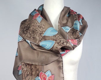 Hand Painted Pink, Teal, and Taupe Floral Silk Scarf