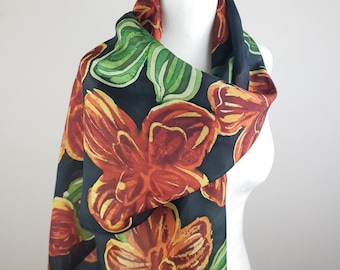 Hand Painted Orange Flowers Silk Scarf