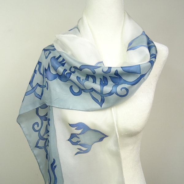 Hand Painted Blue and Grey Silk Shawl