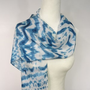 Hand Dyed Shibori Silk Scarf in Teal and White.