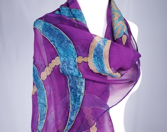 Hand Painted Purple and Turquoise Chiffon Scarf. Oriental silk scarf