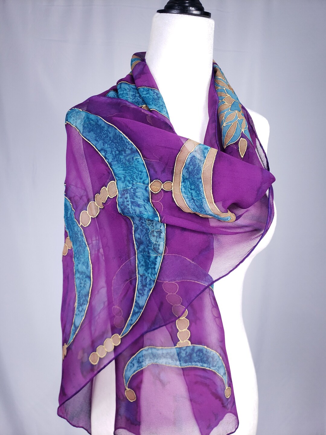Hand Painted Purple and Turquoise Chiffon Oriental Silk