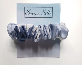 Hand-Painted Silk Scrunchie: White & Navy Blue Ombre