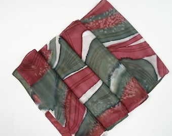 Hand Painted Olive green and Wine Silk Scarf