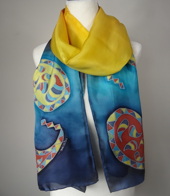 Hand Painted Multi Color Paisley Print Silk Scarf 