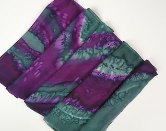 Purple Silk Scarf. Hand Painted Purple and Green Silk Scarf.