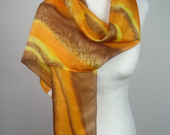 Hand Painted Orange, yellow and Caramel Silk Scarf