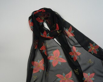 Hand Painted Chiffon Scarf: Red Flowers, Black & Bronze Silk