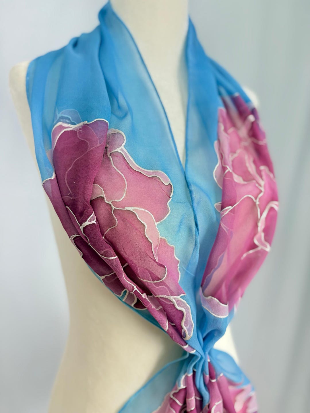 Hand Painted Fuschia and Pink and Light Blue Peonies Chiffon Silk Scarf ...