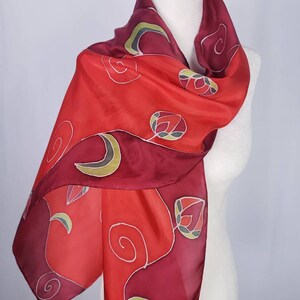 Red Silk Scarf. Hand Painted Red Floral Silk Scarf.