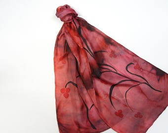 Red and Black Hand painted Silk Scarf