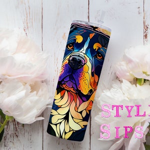 Stained glass rottweiler 20 oz skinny tumbler with straw and lid