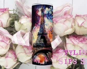 Alcohol ink Eiffel Tower 20 oz skinny tumbler with straw and lid