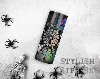 Buntglas Spinnennetz 20 oz dünner Becher mit Strohhalm und Deckel