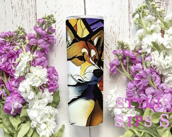 Stained glass Akita 20 oz skinny tumbler with straw and lid