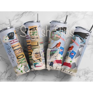 May include: Four stainless steel tumblers with lids and straws. Each tumbler features a different design with North Carolina themes, including the Carolina Panthers logo, state symbols, and vintage stamps.