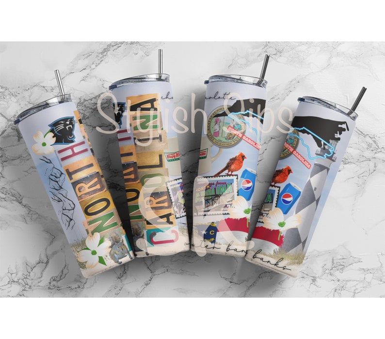 May include: Four stainless steel tumblers with lids and straws. Each tumbler features a different design with North Carolina themes, including the Carolina Panthers logo, state symbols, and vintage stamps.