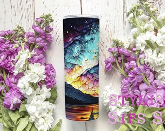 Alcohol ink northern lights 20 oz skinny tumbler with straw and lid
