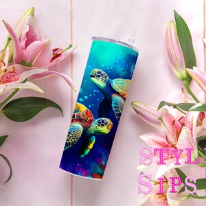 Alcohol ink sea turtles 20 oz skinny tumbler with straw and lid
