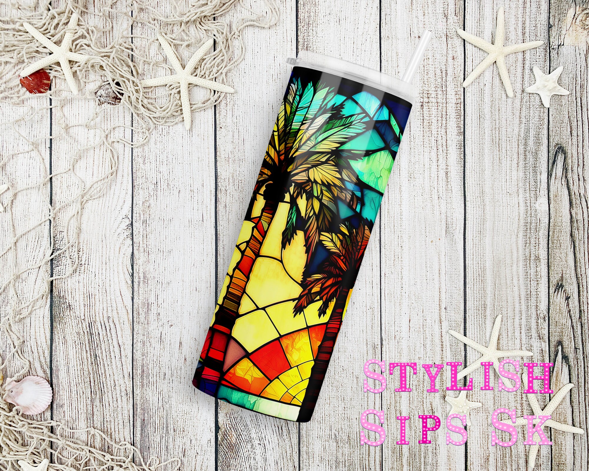 Stained Glass Palm Trees 20 Oz Skinny Tumbler With Straw and Lid - Etsy