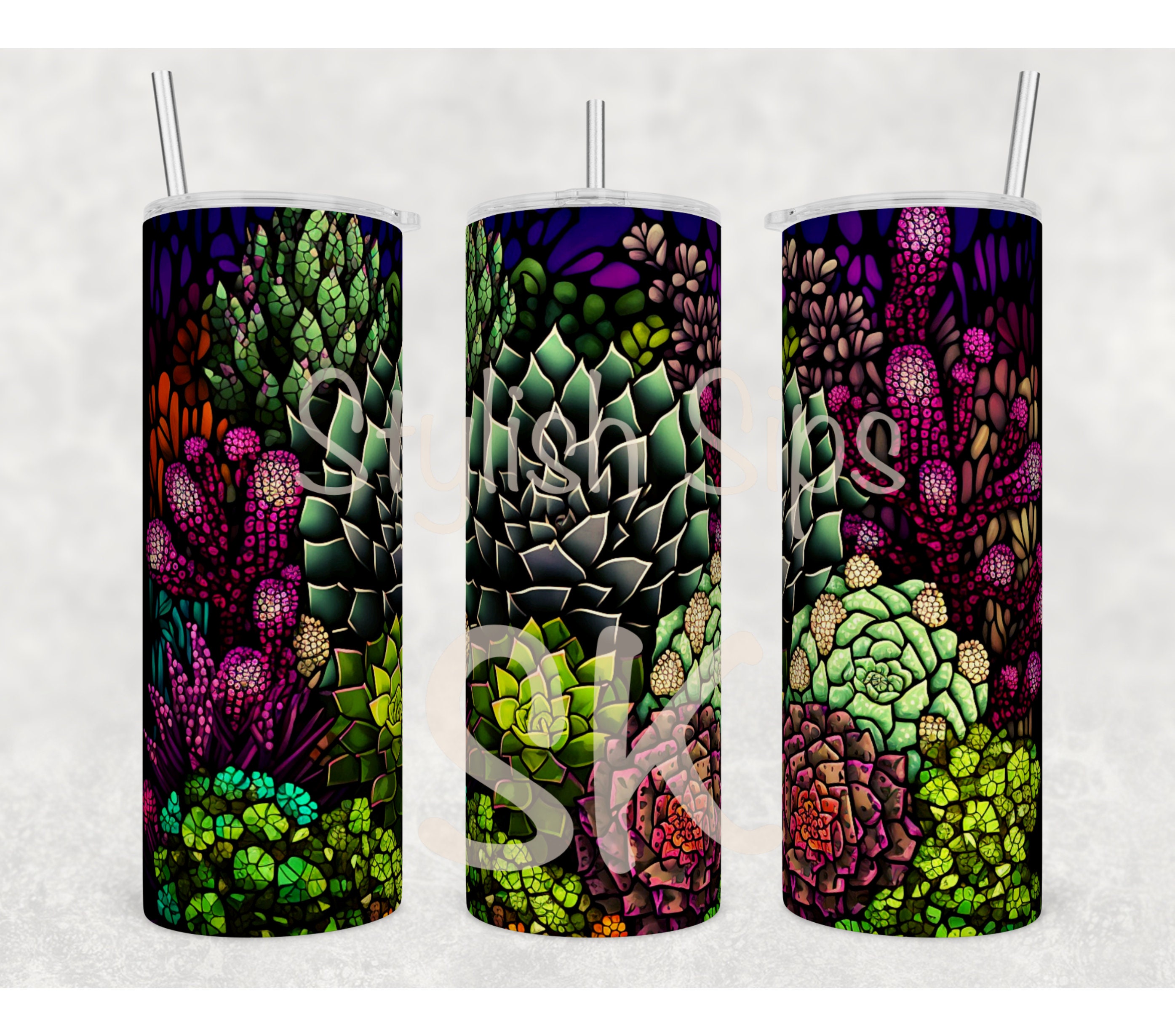 Stained Glass Succulents 20 Oz Skinny Tumbler With Straw and Lid - Etsy