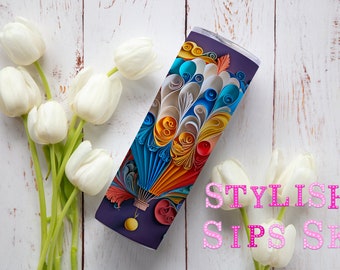 Paper quilling hot air balloon 20 oz skinny tumbler with straw and lid