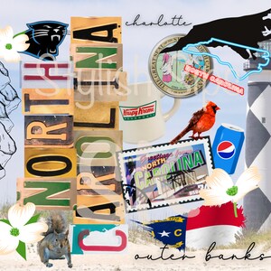 May include: A collage featuring North Carolina imagery. Includes a Carolina Panthers logo, a Krispy Kreme mug, a cardinal, a Pepsi can, a postcard, a lighthouse, and the state flag. The words "North Carolina", "Charlotte", and "Outer Banks" are also present.