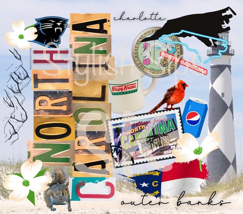 May include: A collage featuring North Carolina imagery. Includes a Carolina Panthers logo, a Krispy Kreme mug, a cardinal, a Pepsi can, a postcard, a lighthouse, and the state flag. The words "North Carolina", "Charlotte", and "Outer Banks" are also present.