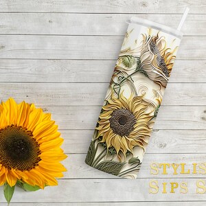 Embroidered sunflowers 20 oz skinny tumbler with straw and lid