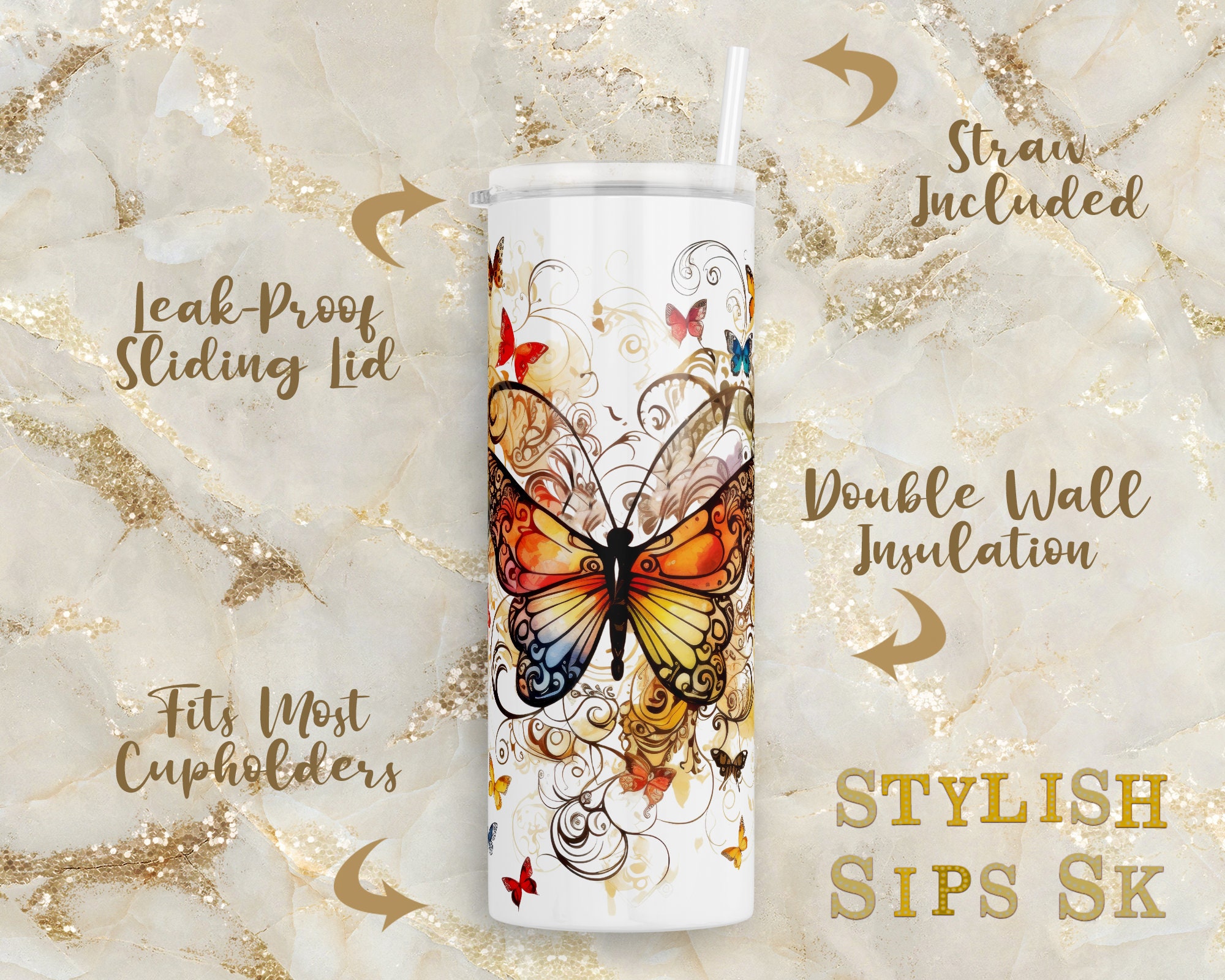 Butterflies 20oz Skinny tumbler with straw Printed With Permanent Ink. Add  name