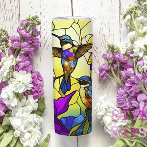 Stained glass hummingbirds 20 oz skinny tumbler with straw and lid