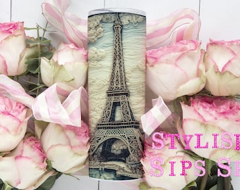Embroidered Eiffel Tower 20 oz skinny tumbler with straw and lid