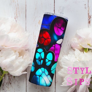 Stained glass dog paws 20 oz skinny tumbler with straw and lid