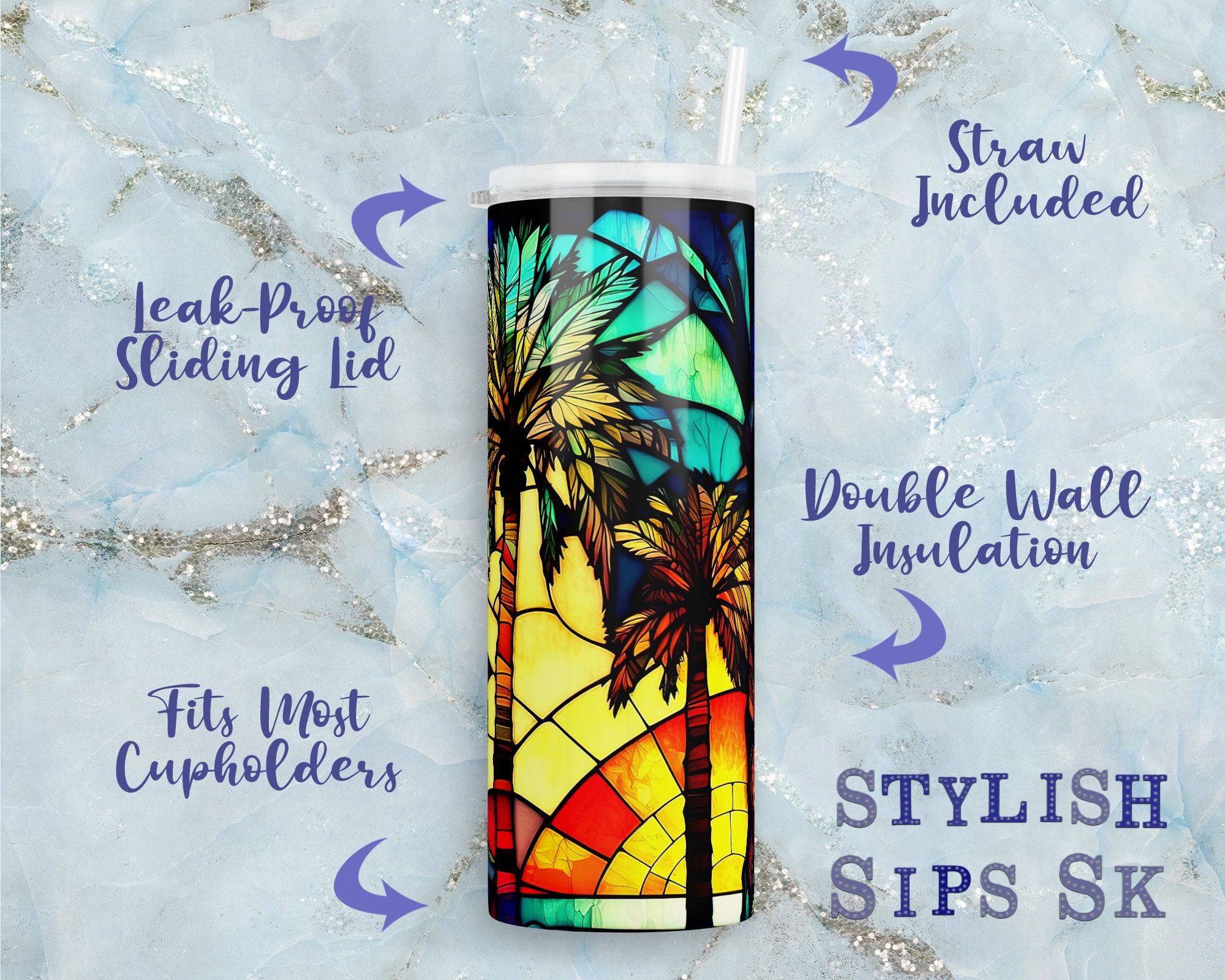 Stained Glass Palm Trees 20 Oz Skinny Tumbler With Straw and Lid - Etsy