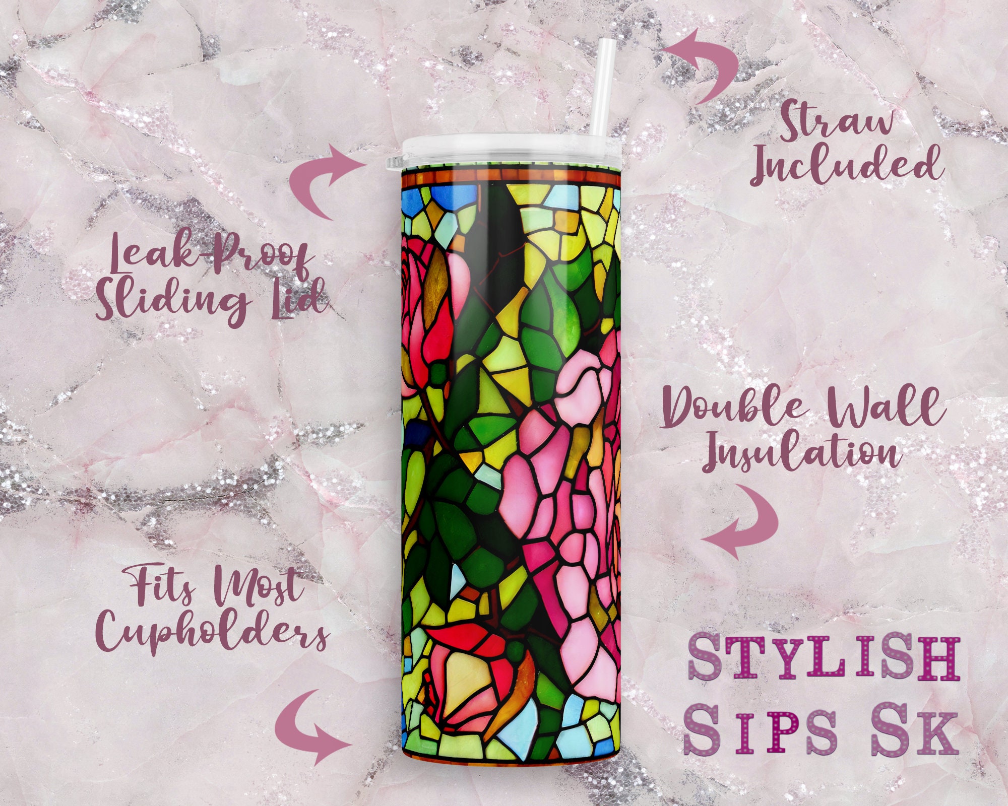 Stained Glass Roses 20 Oz Skinny Tumbler With Straw and Lid - Etsy