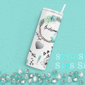 Personalized bridesmaid 20 oz skinny tumbler with straw and lid