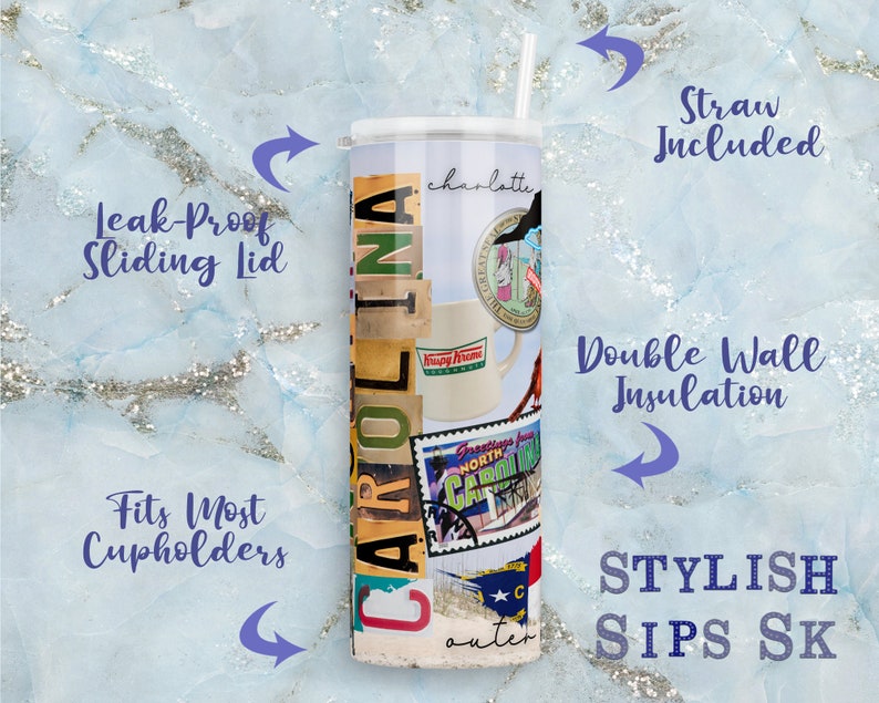 May include: A stainless steel tumbler with a white lid and straw. The tumbler features a collage design with the word "CAROLINA" and images of North Carolina. It has a leak-proof sliding lid and double-wall insulation.