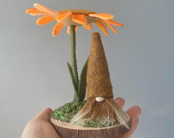 Flower and Gnome fairy landscape wood slice , orange flower A