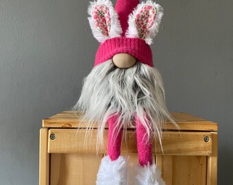 Bunny Nordic Gnome- pink with furry ears and boots , Easter decoration