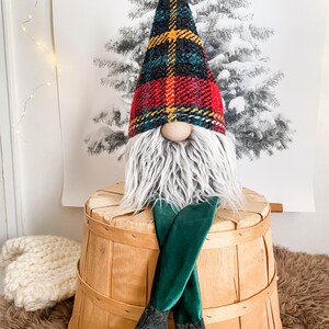 XL Nordic Gnome with legs - Christmas plaid hat , Holiday Decoration , Sitting Gnome