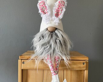 Bunny Nordic Gnome- with with pink flower accents  with furry ears and bunny boots , Easter decoration