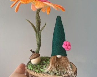 Flower and Gnome fairy landscape wood slice ,  orange and pink  flower N