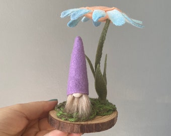 Flower and Gnome fairy landscape wood slice ,  light  blue  flower F