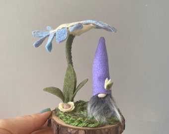 Flower and Gnome fairy landscape wood slice ,  dusty blue and yellow flower J