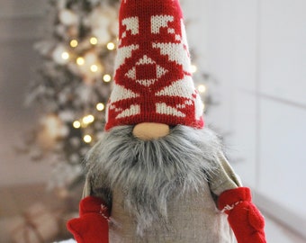 Standing up Nordic Gnome®  15” tall - sweater hat - white and red Nordic pattern